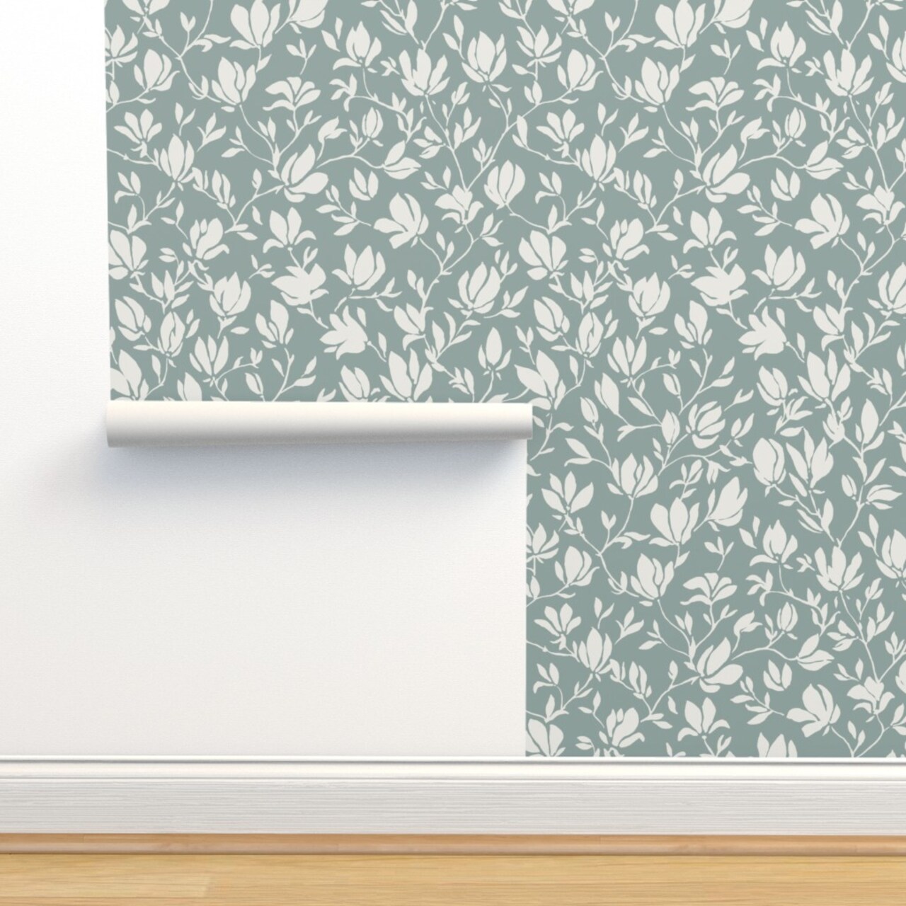 Modern Floral Large Scale Sage Green Elegant Custom Pre-pasted Wallpaper by Spoonflower Pre-Pasted Wallpaper 2FT Wide